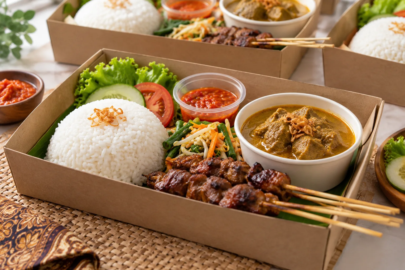 Ilustrasi hidangan nasi, gulai, dan sate untuk katering