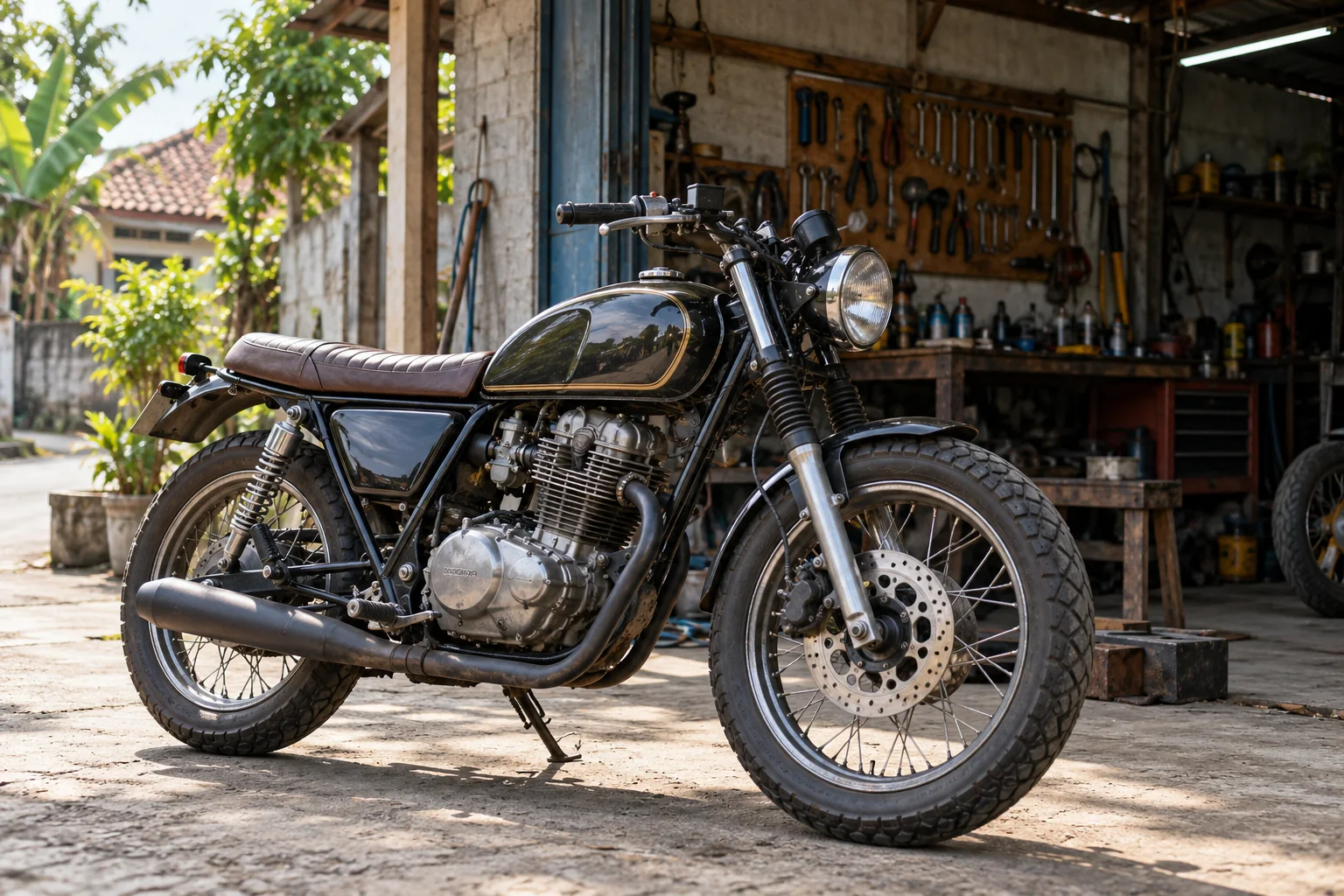 Ilustrasi sepeda motor custom di bengkel