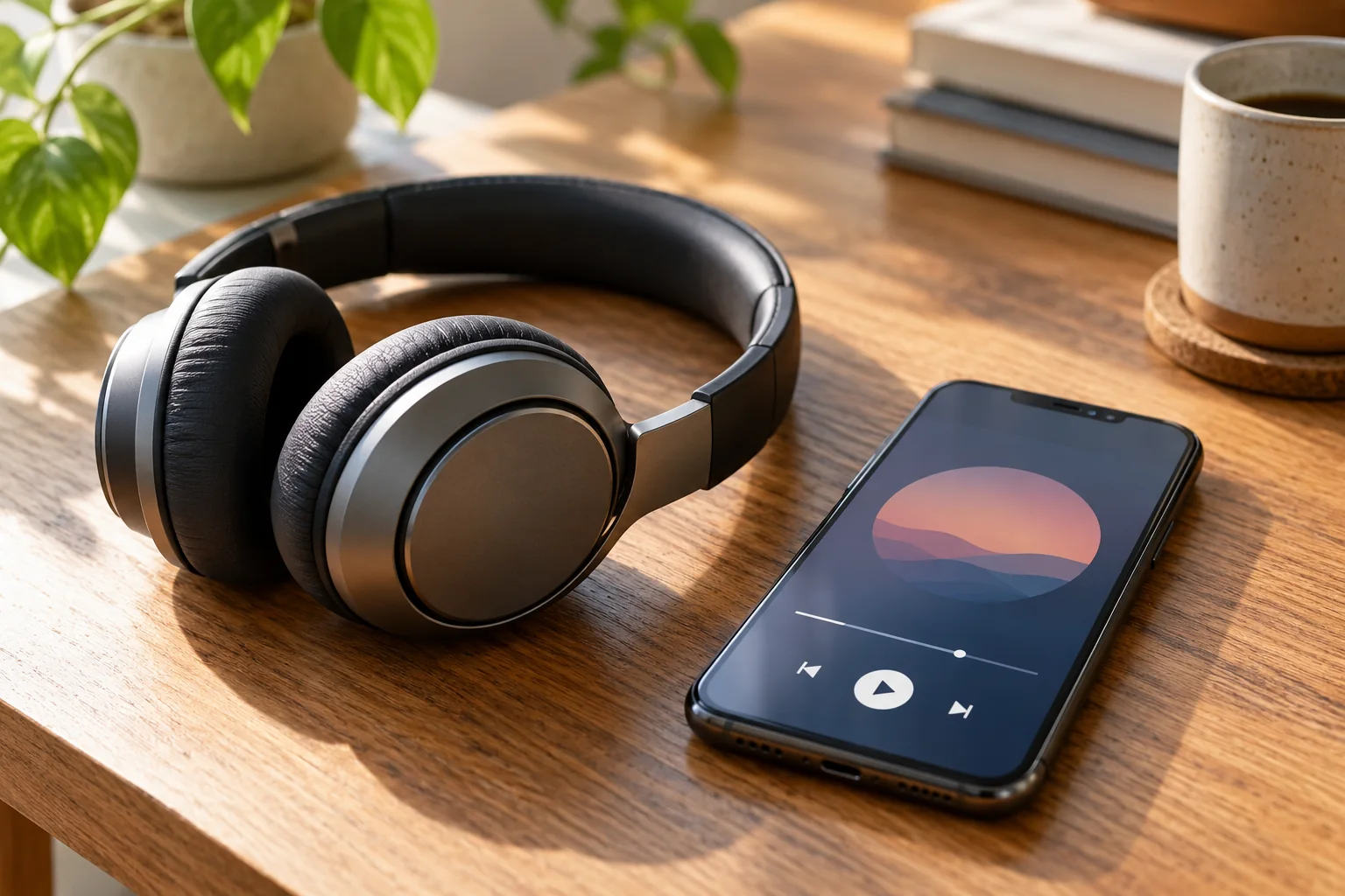 Ilustrasi headphone dan pemutar musik di ponsel